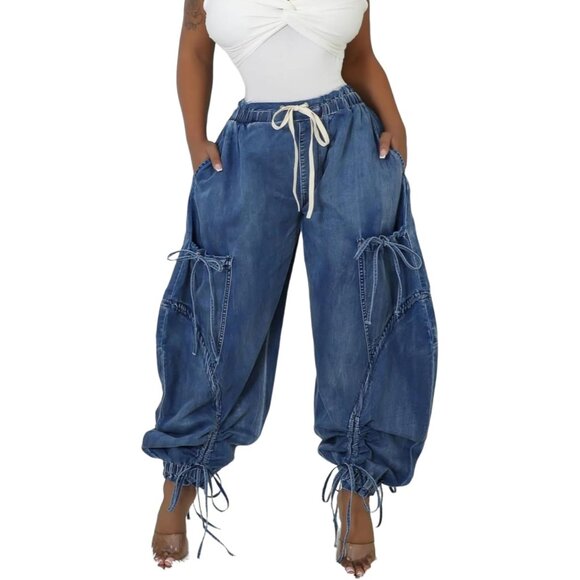 Pants - Women Baggy High Waisted Denim Jeans Wide Leg Drawstring Casual Pants